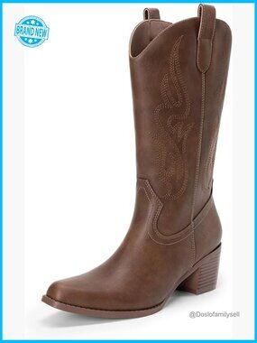 Square Toe Cowboy Mid Calf Western Boots Wide Fit Block Heel Embroidered